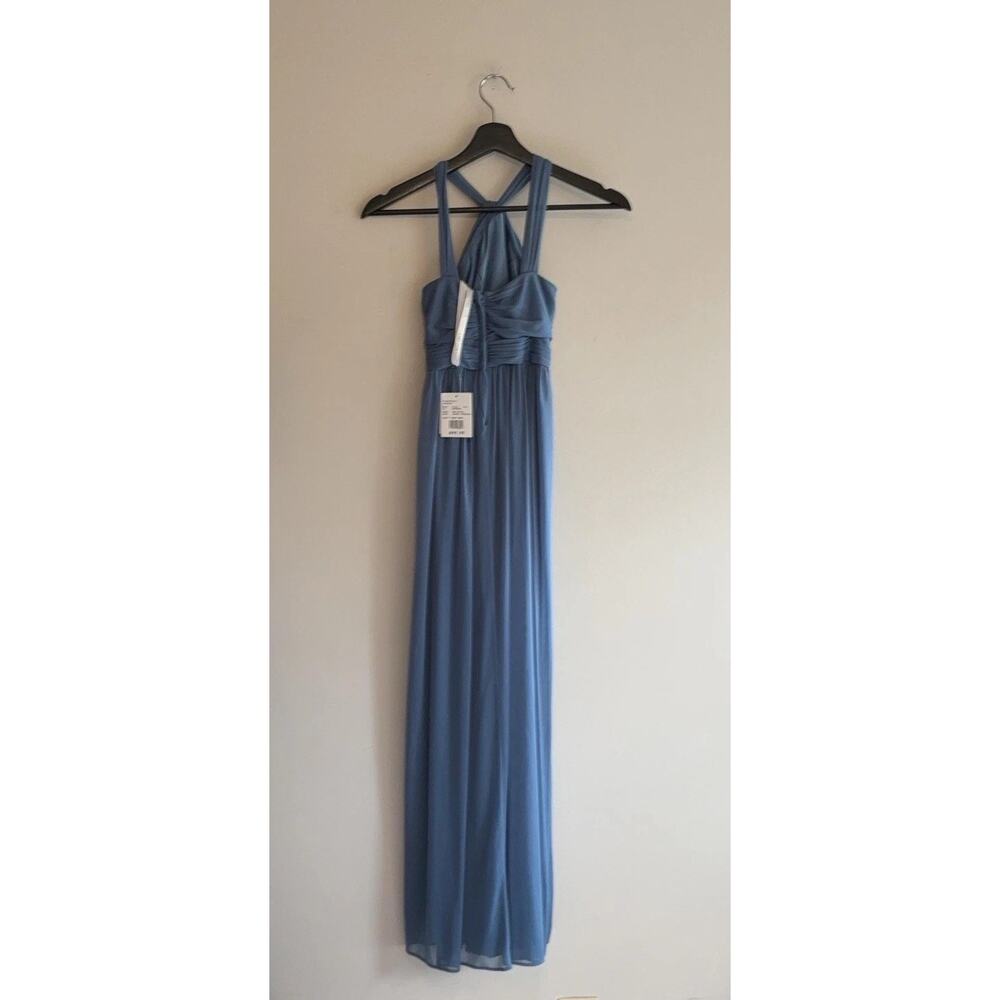 David's Bridal Dress Girls 10 Steel Blue Y Neck Mesh Maxi Formal NWT $99 Gown - Picture 2 of 15